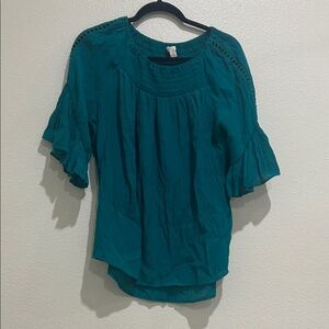 Cato Teal Blouse with Ruffle Sleeves